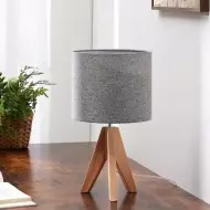 Wood Tripod Bedside Table Lamp With Grey Linen Lampshade S70