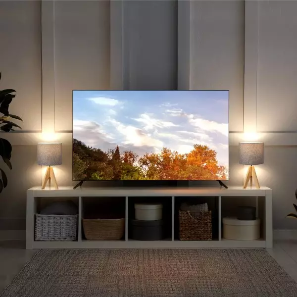 Wood Tripod Bedside Table Lamp With Grey Linen Lampshade S70