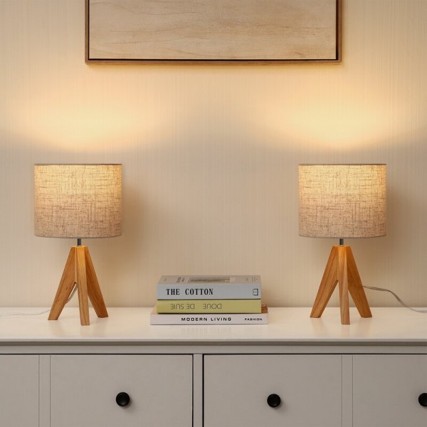 Wood Tripod Bedside Table Lamp With Grey Linen Lampshade S70