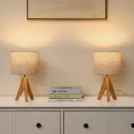 Wood Tripod Bedside Table Lamp With Grey Linen Lampshade S70