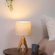 Wood Tripod Bedside Table Lamp With Grey Linen Lampshade S70