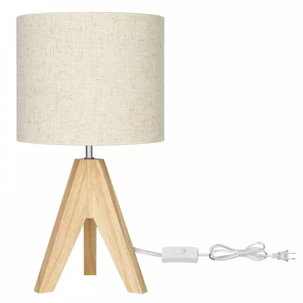 Wood Tripod Bedside Table Lamp With Grey Linen Lampshade S70