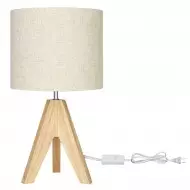 Wood Tripod Bedside Table Lamp With Grey Linen Lampshade S70