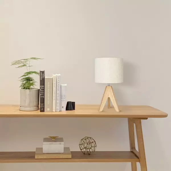 Wood Tripod Bedside Table Lamp With Grey Linen Lampshade S70