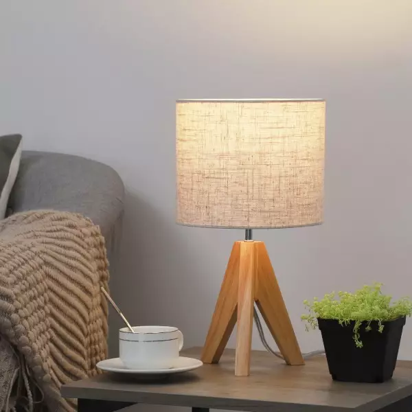 Wood Tripod Bedside Table Lamp With Grey Linen Lampshade S70