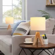 Wood Tripod Bedside Table Lamp With Grey Linen Lampshade S70