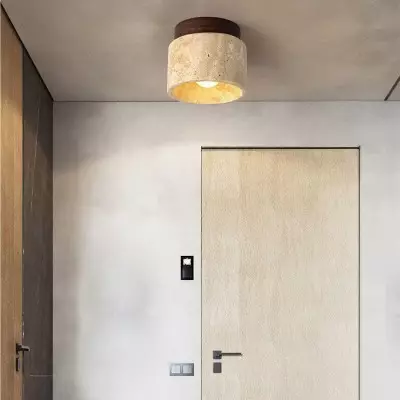 Japońska minimalistyczna okrągła żółta trawertynowa lampa sufitowa z 1 światłem półpłaskim G31