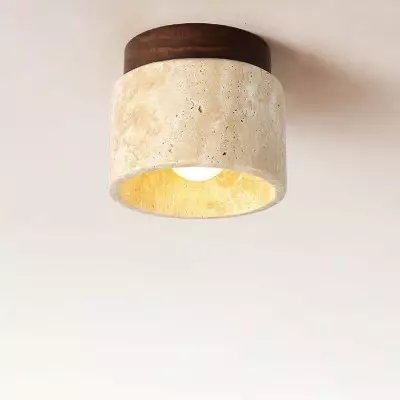 Japońska minimalistyczna okrągła żółta trawertynowa lampa sufitowa z 1 światłem półpłaskim G31