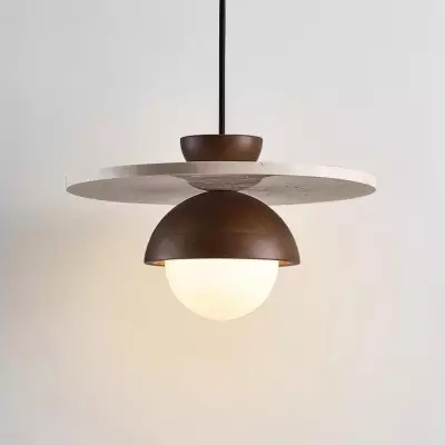 Lustre hémisphérique en bois avec disque en travertin P029