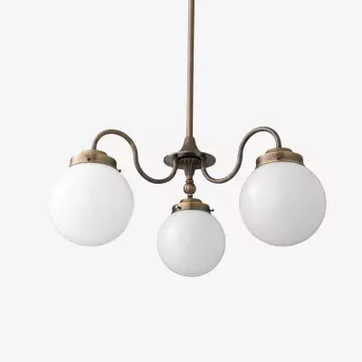 Lustre globe vintage en verre Glorica - Suspension en laiton à 3 lumières en verre dépoli T388