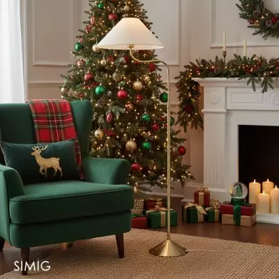 Fibura elegant golvlampa med linneskärm och champagnefärgad bronsbas för vardagsrum T081