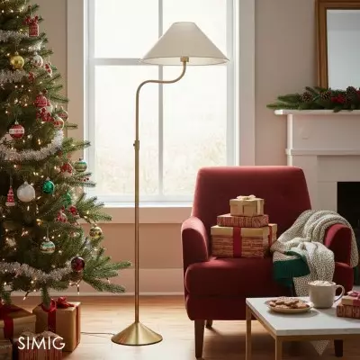 Fibura elegant golvlampa med linneskärm och champagnefärgad bronsbas för vardagsrum T081