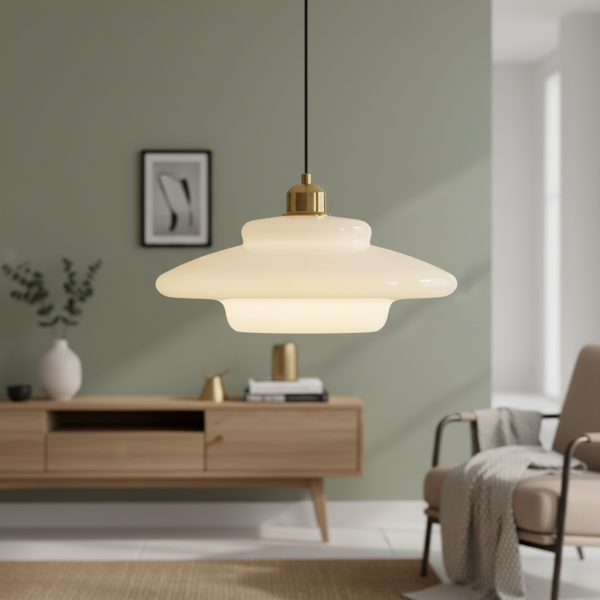 Mid-Century Art -maitovalkoinen lasinen riippuvalaisin S81