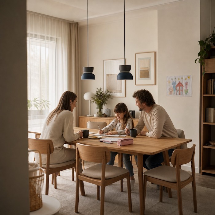 Pastelowa lampa wisząca połączona z drewnem i tkaninami w wielofunkcyjnej jadalni rodzinnej.
