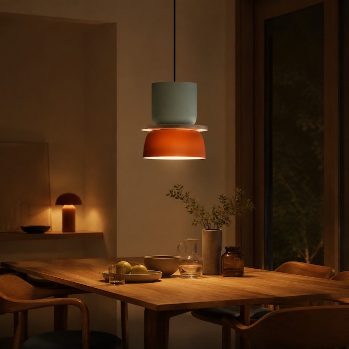 Jasna, wielokolorowa lampa wisząca zrównoważona wieczornym światłem w jadalni.