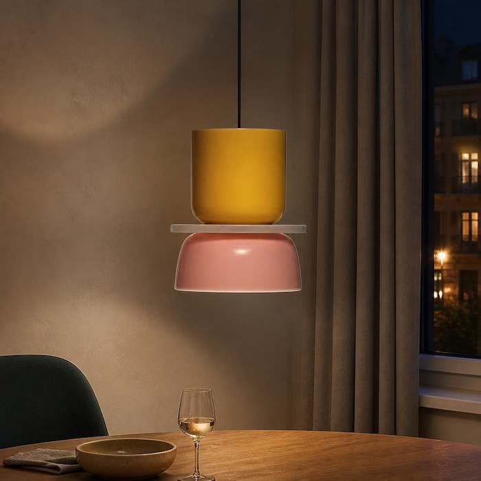 Kolorowa lampa odbijająca subtelne ciepło na ścianie, stole i zasłonach.
