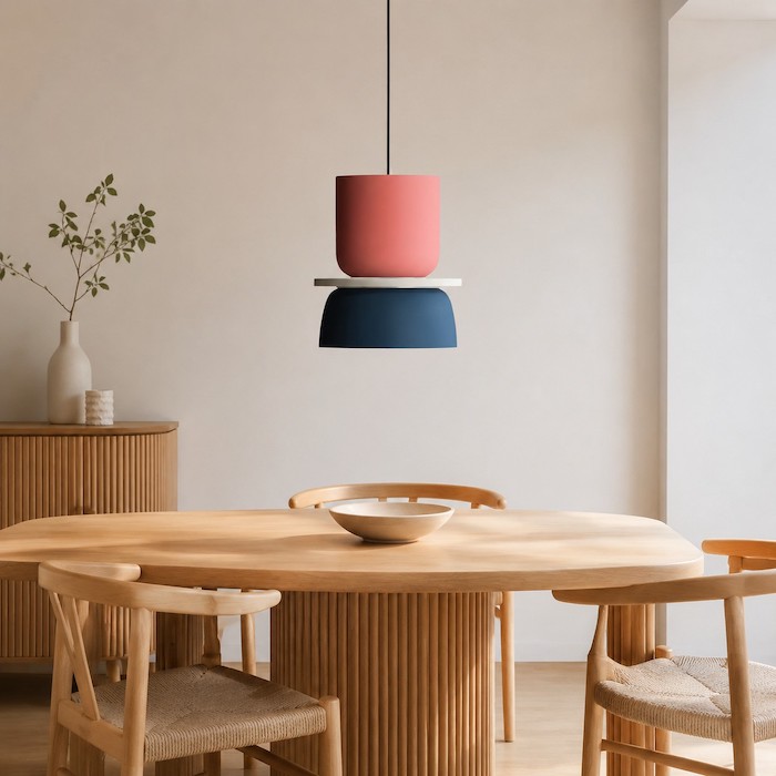 Kolorowa lampa wisząca zajęła spokojne miejsce wśród stonowanych mebli i jednego małego akcentu.