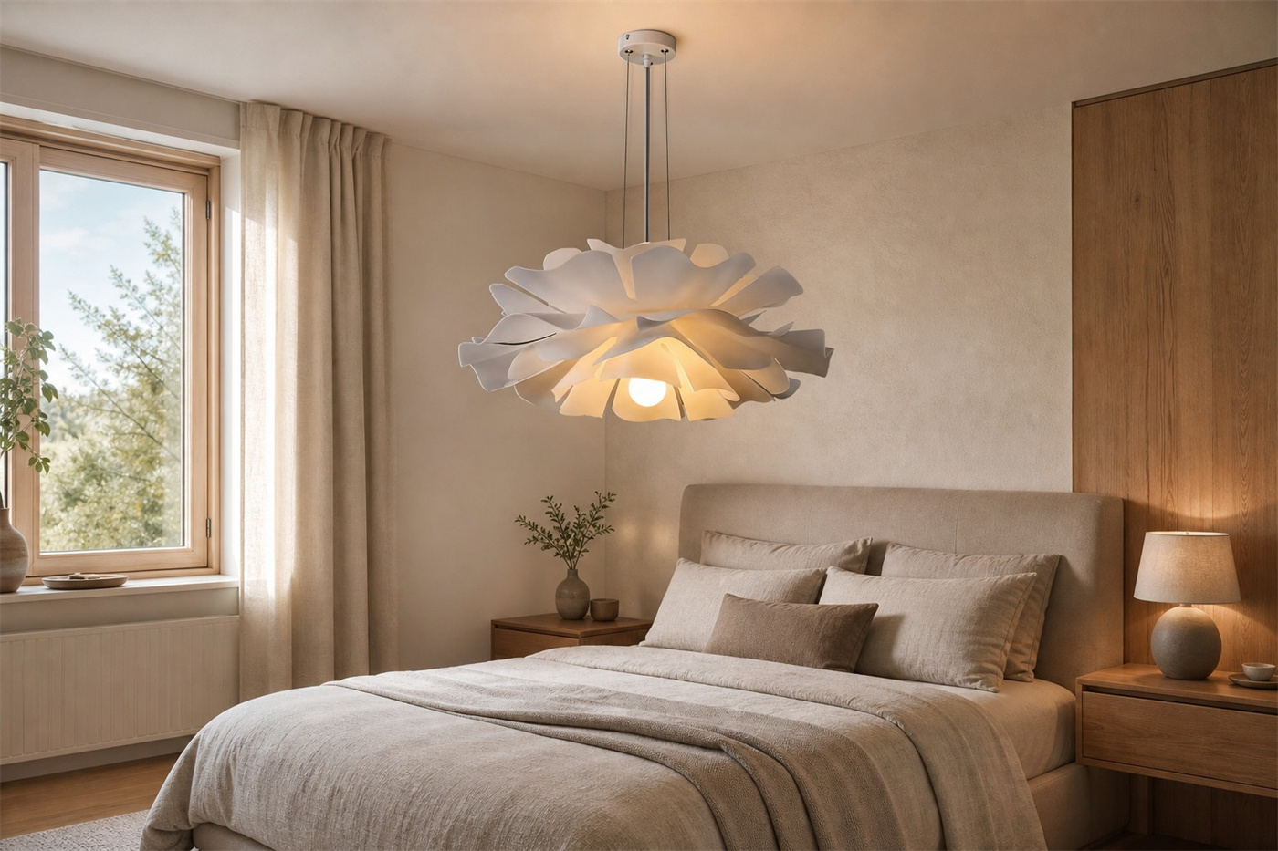 Creative Flower Pendant Light S106 in a warm bedroom scene