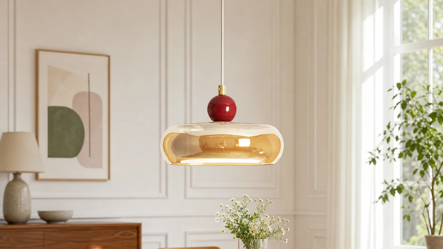 Szklana lampa wisząca M206 w kształcie wiśni w ciepłym wnętrzu