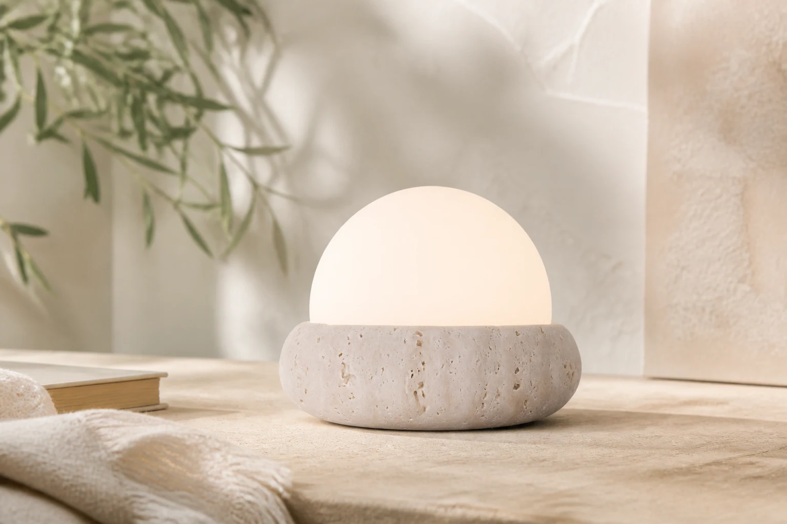 Mini lampa stołowa z trawertynu w kształcie kuli, stylizowana na przestrzeń mieszkalną