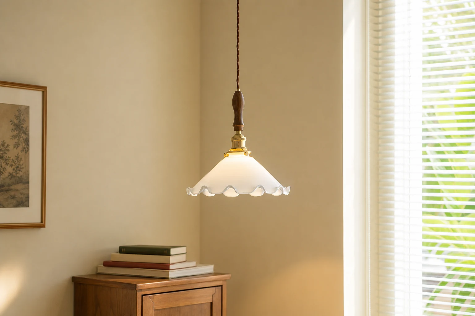 Lampa wisząca z białego szkła wyświetlana w scenie wnętrza lifestylowego