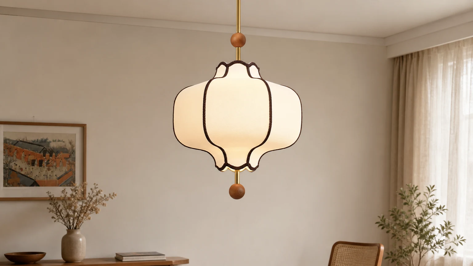 Lampa wisząca z teksturowanej tkaniny w stylu vintage M371 w ciepłym wnętrzu