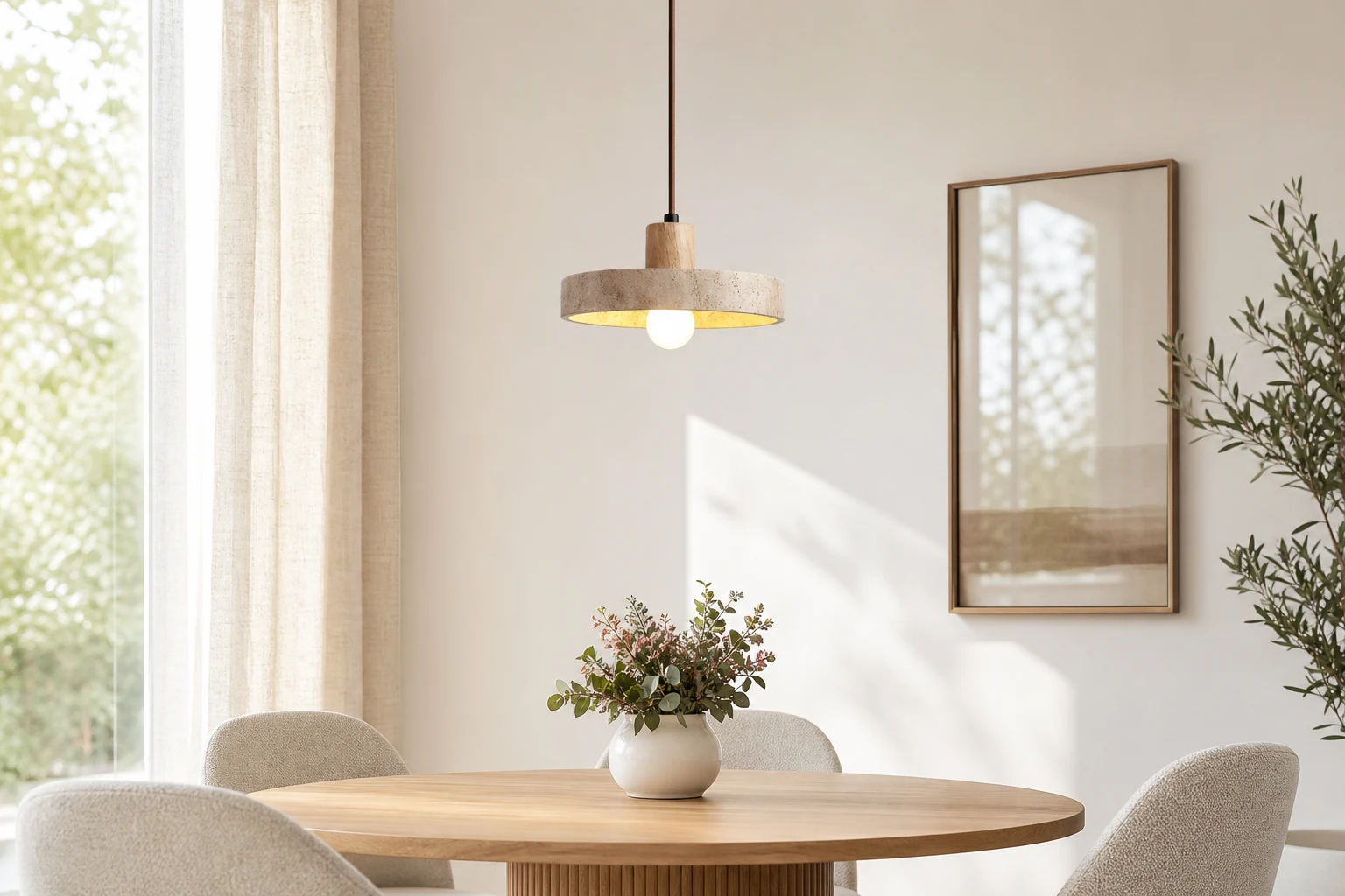 Trawertynowa lampa wisząca w scenie lifestylowej opartej na produkcie w kontekście