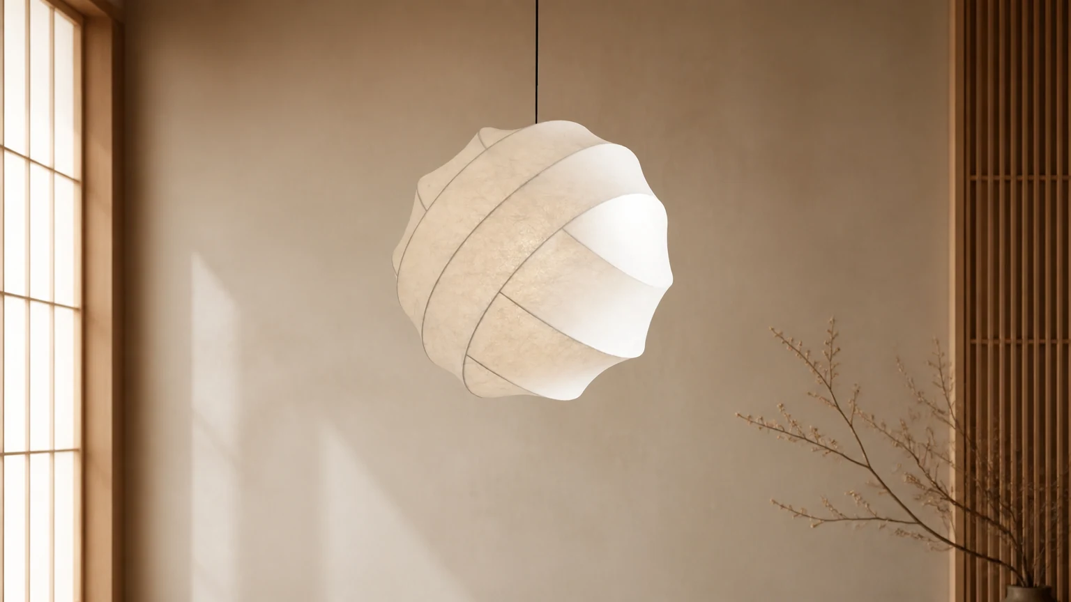 Lampa wisząca Wabi Sabi Silk Ball Japandi D883 w ciepłym pokoju Japandi
