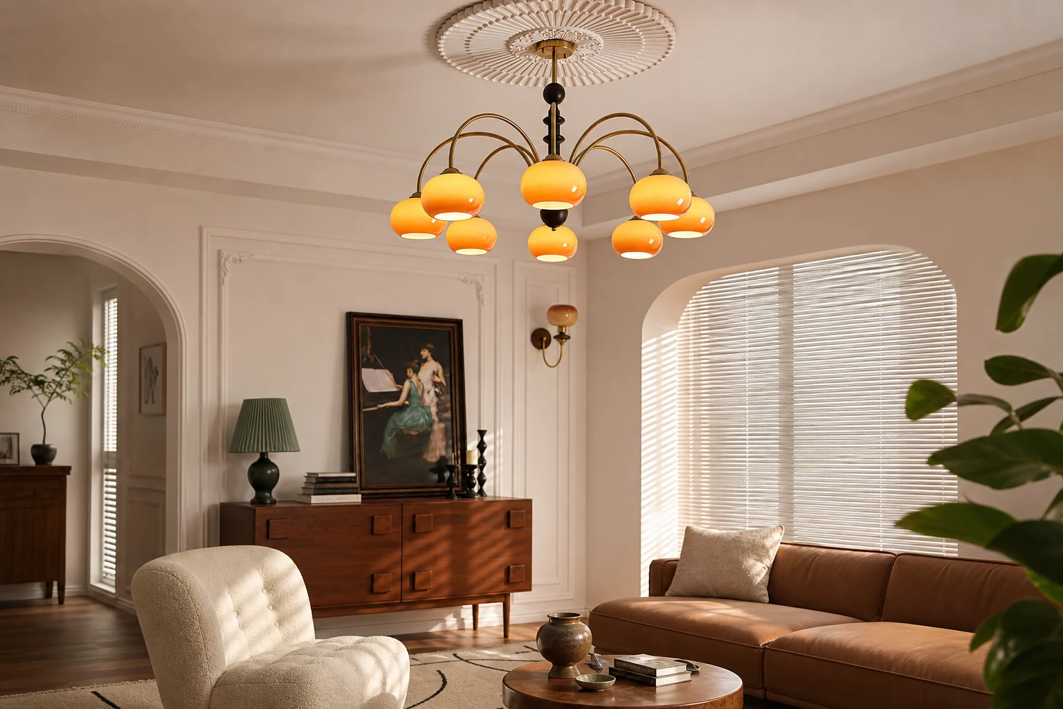 Scena stylu życia przedstawiająca żyrandol Vintage Bauhaus Persimmon w kontekście