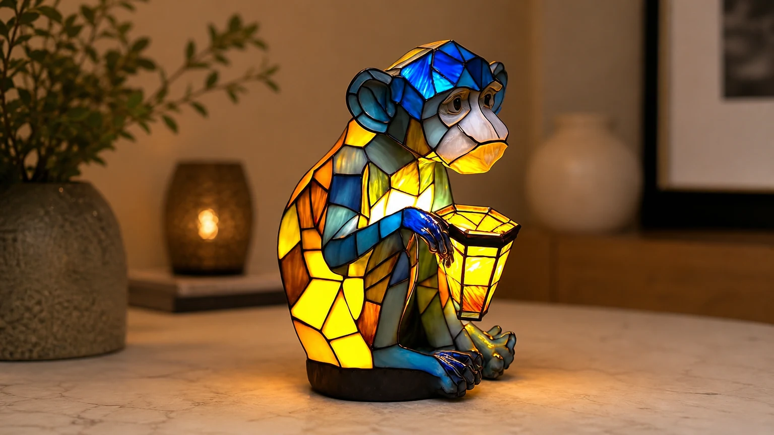 Magisk dyrestatue i resin, bordlampe M53 som lyser i en varm bordscene