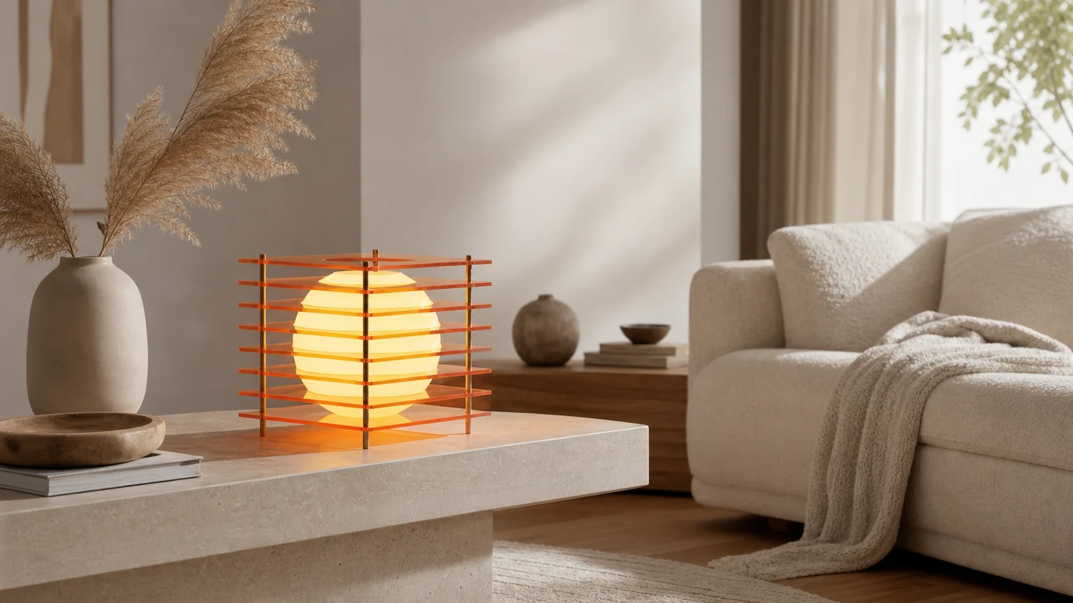 Lampa stołowa z geometryczną kulą Afterglow Moon Cube w ciepłym, nowoczesnym pomieszczeniu