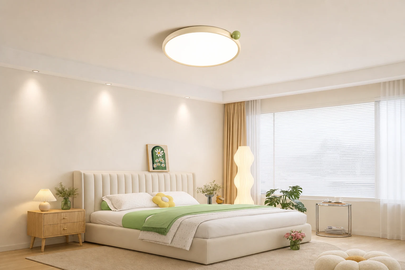 Minimalistyczna lampa sufitowa w kształcie dysku pokazana w scenie pokoju lifestylowego