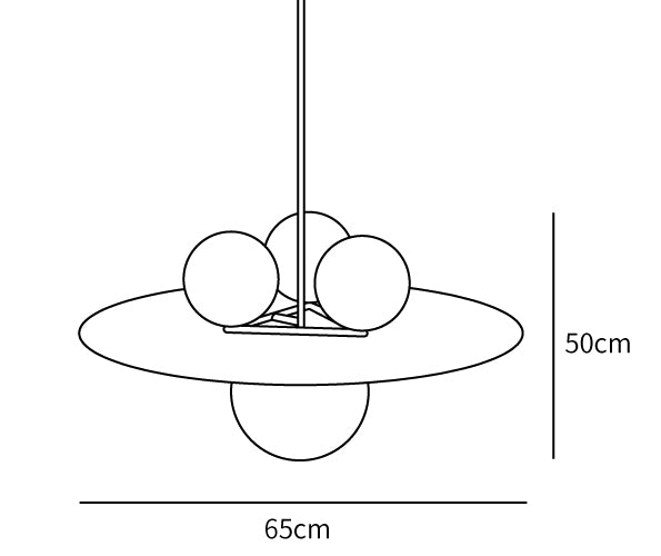Rysunek wymiarowy lampy wiszącej M94 z metalowym dyskiem i kulką o szerokości 65 cm i wysokości 50 cm