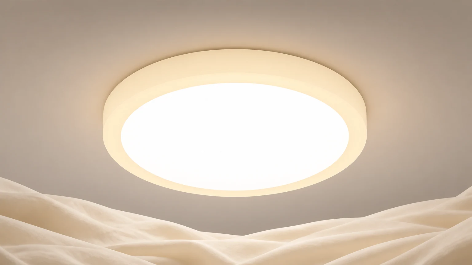 Kremowa nowoczesna lampa sufitowa M120 zainstalowana w ciepłej scenerii wnętrza