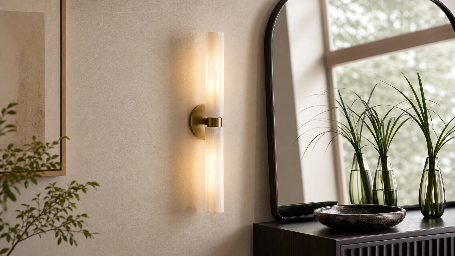 Lampa ścienna Rivora z karbowanego szkła zainstalowana w ciepłej oprawie architektonicznej