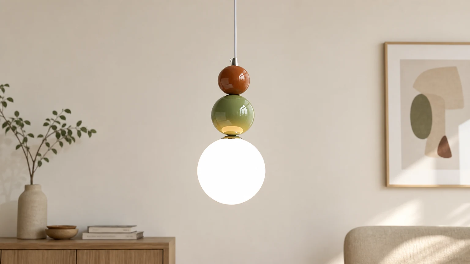 Nowoczesna, prosta lampa wisząca w kropki Nordic Cream M387 pokazana w aranżacji pokoju