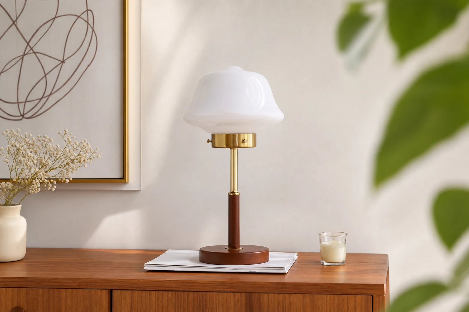 Lampa stołowa M395 w stylu lifestylowym, z widoczną pełną lampą