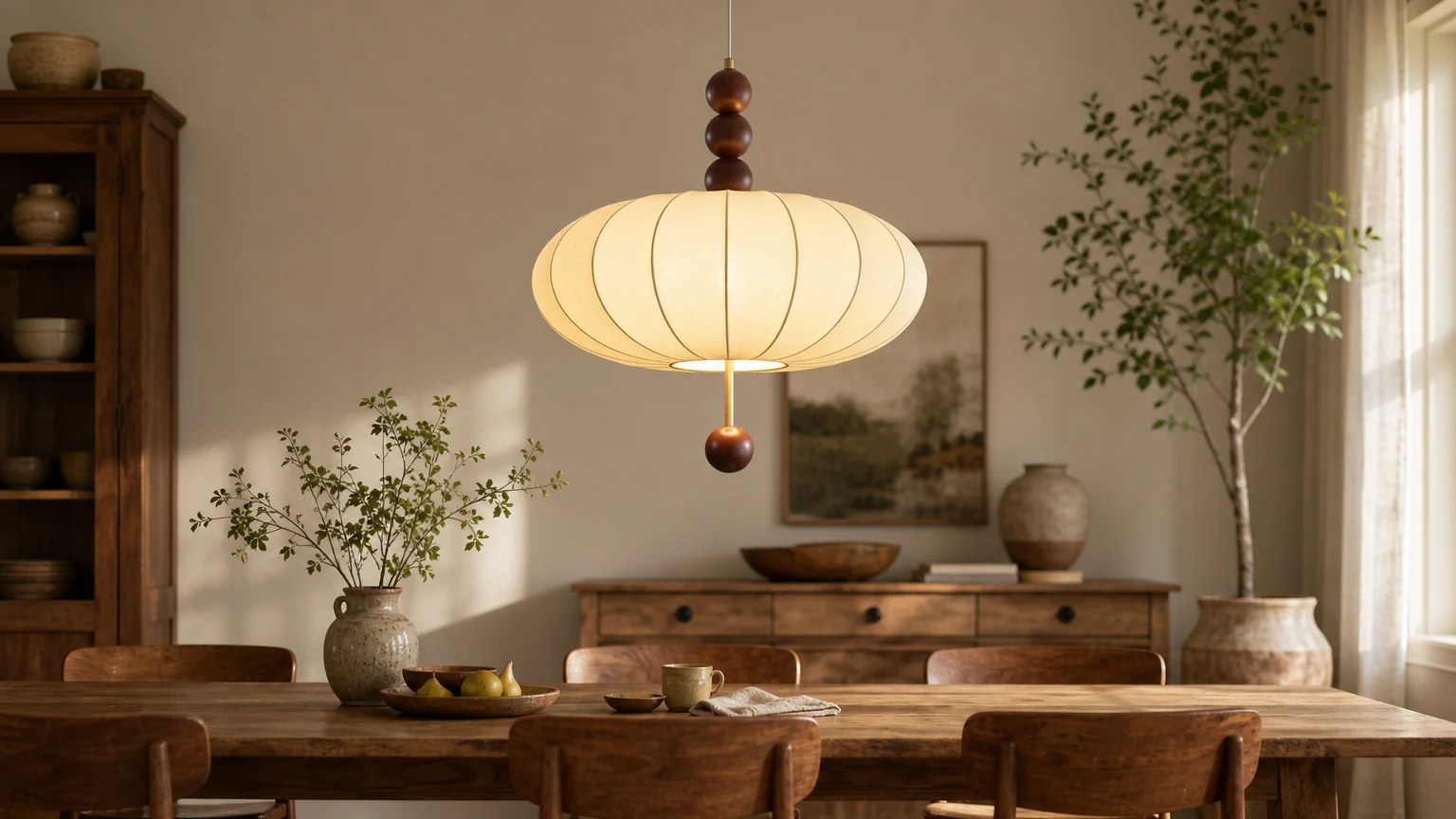 Tkaninowa lampa wisząca Adelaide D350 w ciepłym wnętrzu