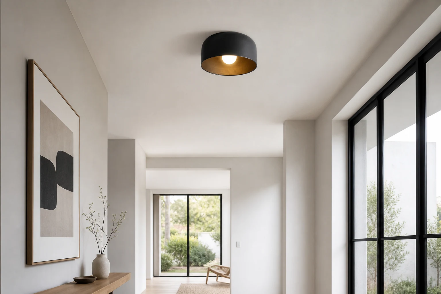 Lampa sufitowa w kształcie misy pokazana w scenie wnętrza lifestylowej