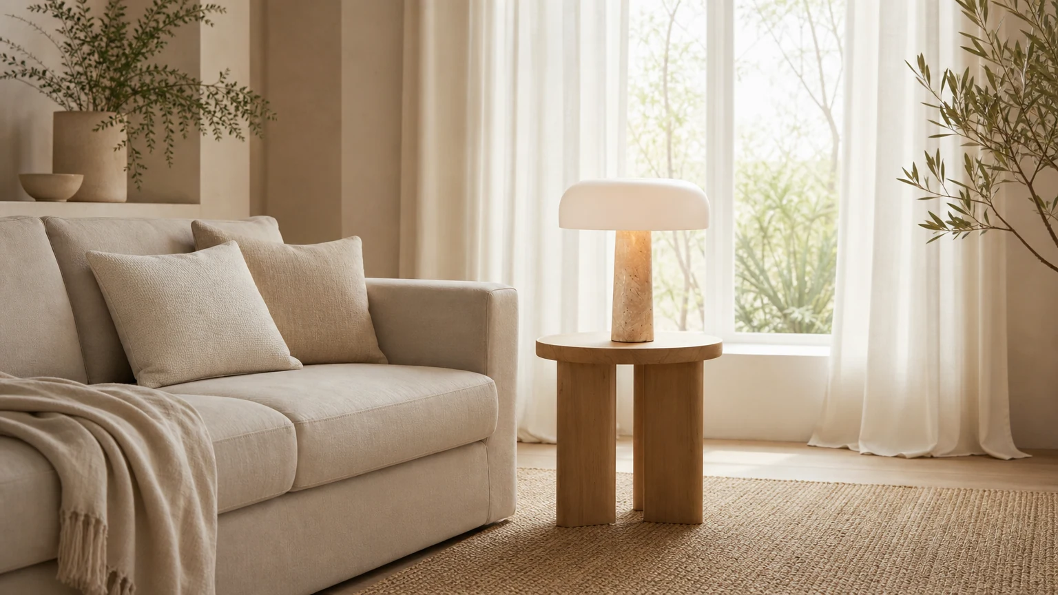 Lampa stołowa Kine Travertine D52 pokazana w ciepłej scenerii wnętrza