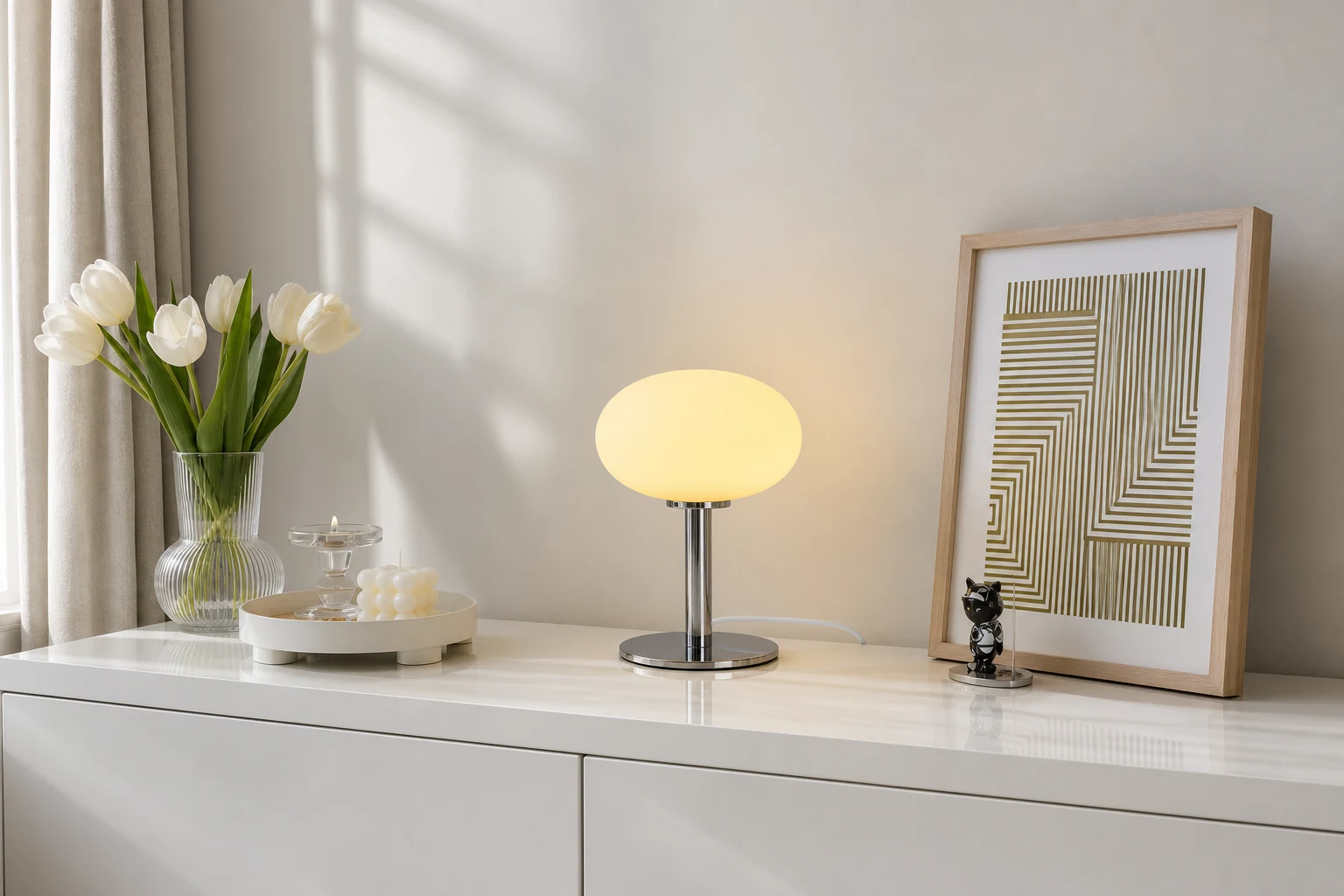 Minimalistyczna szklana lampa stołowa Bauhaus S20 na blacie w scenie lifestylowej