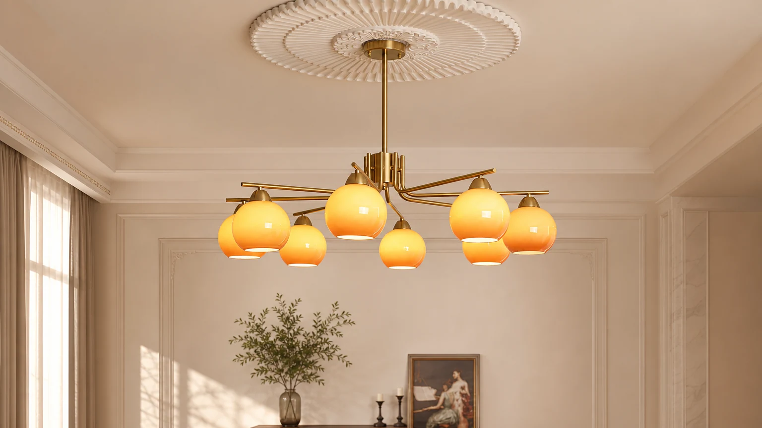 Szeroka scena w pomieszczeniu z kulistą lampą wiszącą Creative Caramel M569