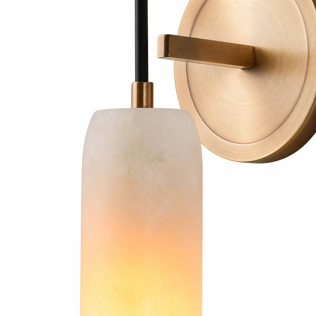 Zbliżenie na kinkiet Alabaster Flute D437 z alabastrową fakturą i mosiężnymi detalami