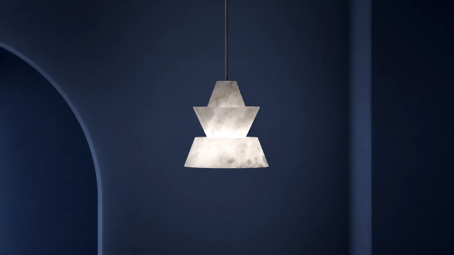 Lampa wisząca z marmuru nordyckiego M461 pokazana w ciepłej scenie wnętrza