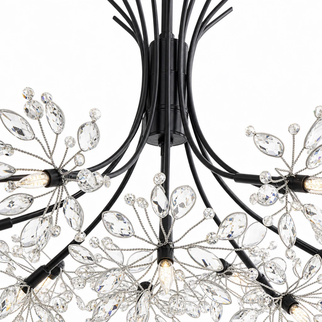 Zbliżenie na kryształową i metalową konstrukcję żyrandola Starry Bouquet
