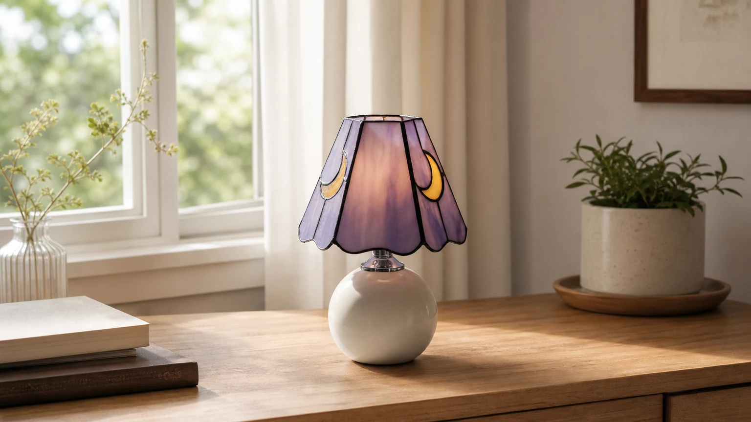 Lampa stołowa witrażowa z grzybkiem stellum w kształcie księżyca pokazana w ciepłym otoczeniu salonu