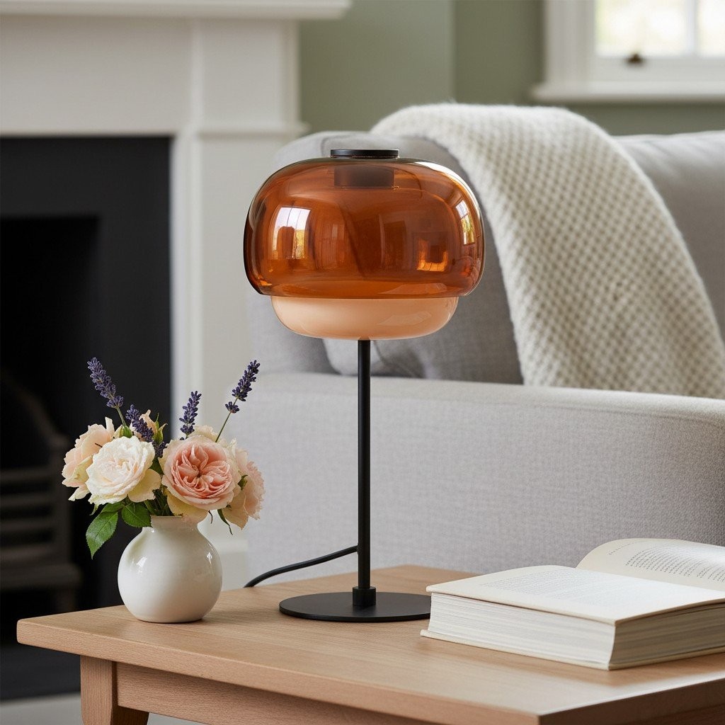 Clinco glassbordlampe på et sidebord i stuen med dekor