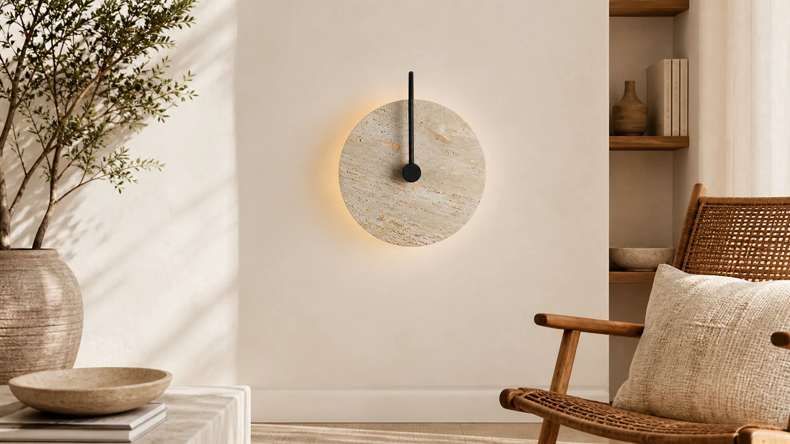Lámpara de pared sencilla de travertino con forma de reloj M25 instalada en una pared interior cálida.