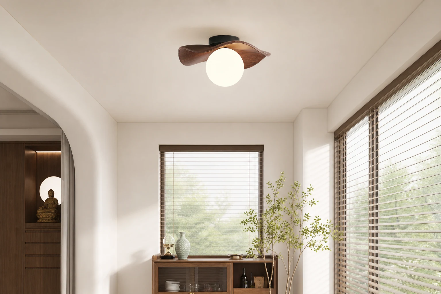 Lampa sufitowa P021 z potarganymi słojami drewna stosowana w miękkich wnętrzach lifestylowych