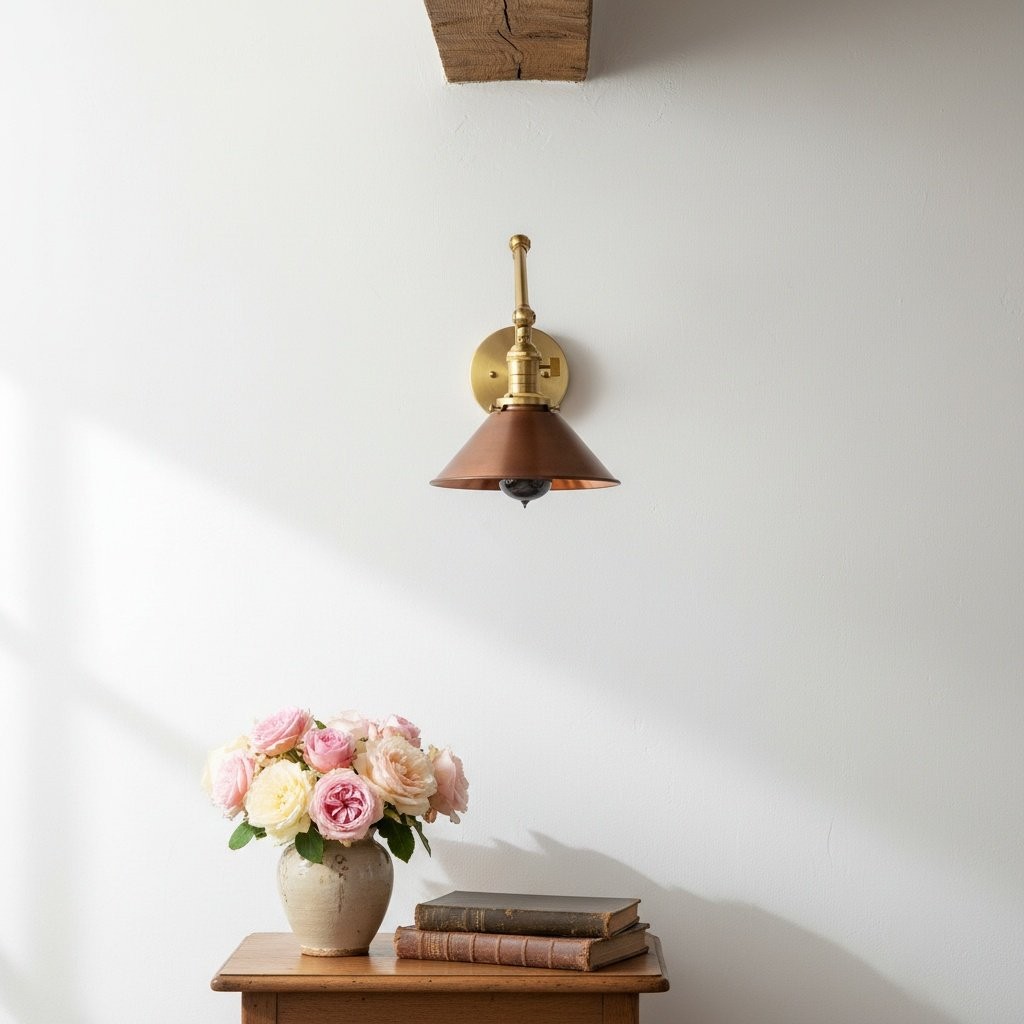 Conique Metal Industrial Wall Sconce with Adjustable Arm - Vintage Copper Cone Shade for Task Lighting T390